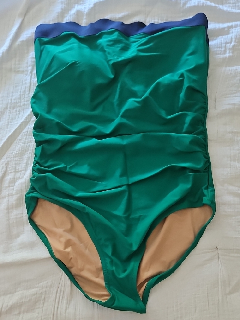 J. Crew Factory Green One-Piece Swimsuit with Navy Scalloped Trim